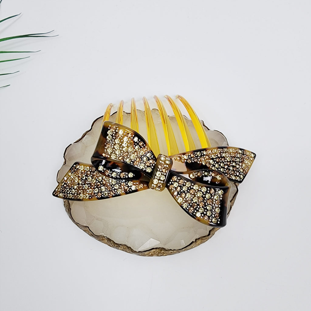 Wind Bow Cubic Long Hair Comb Pin 4.6 in – 2 Leopard Brown