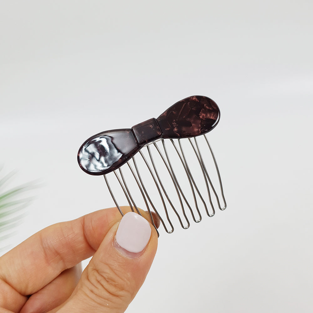 Round Ribbon Mini Hair Comb Pin 2.2 in – 4 Marble Burgundy