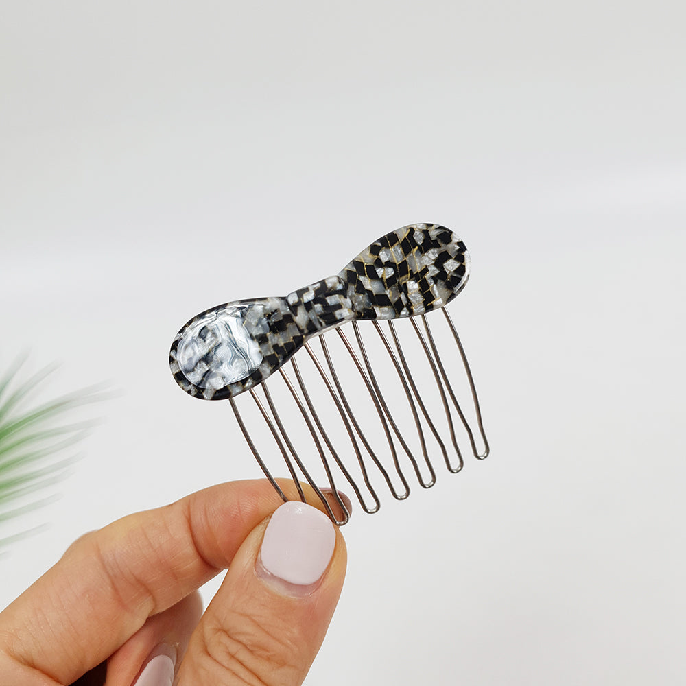 Round Ribbon Mini Hair Comb Pin 2.2 in – 10 Mosaic Grey