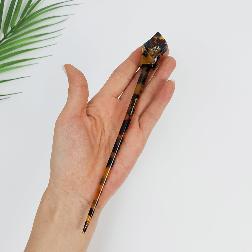 Flower Bud Hair Stick 8.7 in – Tortoise Shell Marble, Cubic, French Pin