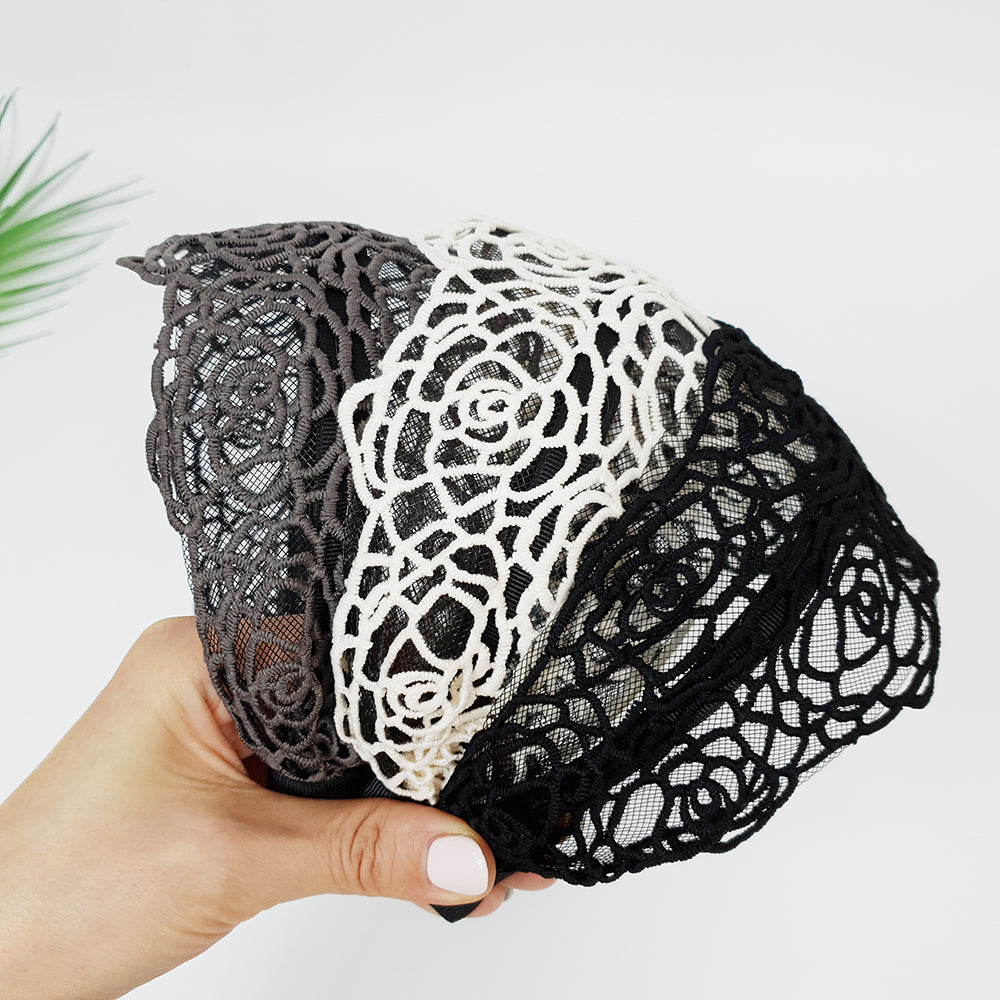 Rose Lace Wide Headband 3.9 in wide – Embroidered Lace, French-style