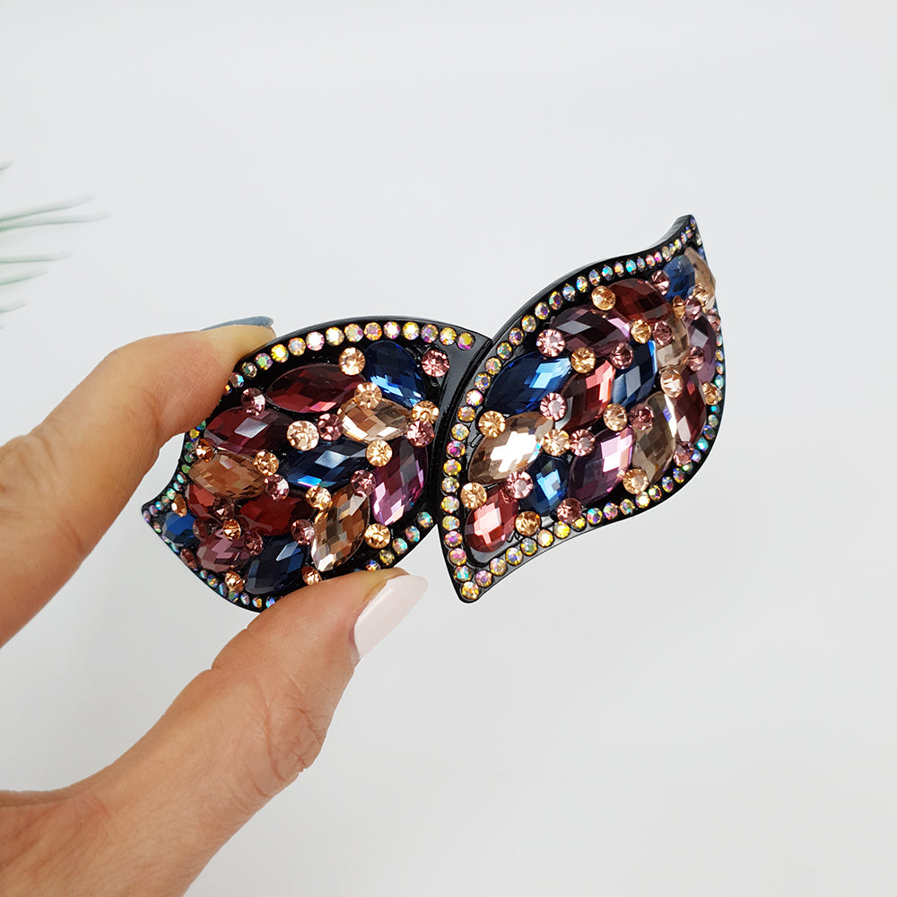 Crystal Leaf Long Hair Barrette 4.3 in – Cubic, Automatic, French Pin