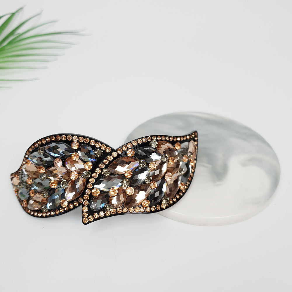 Crystal Leaf Long Hair Barrette 4.3 in – 3 Grey Champagne