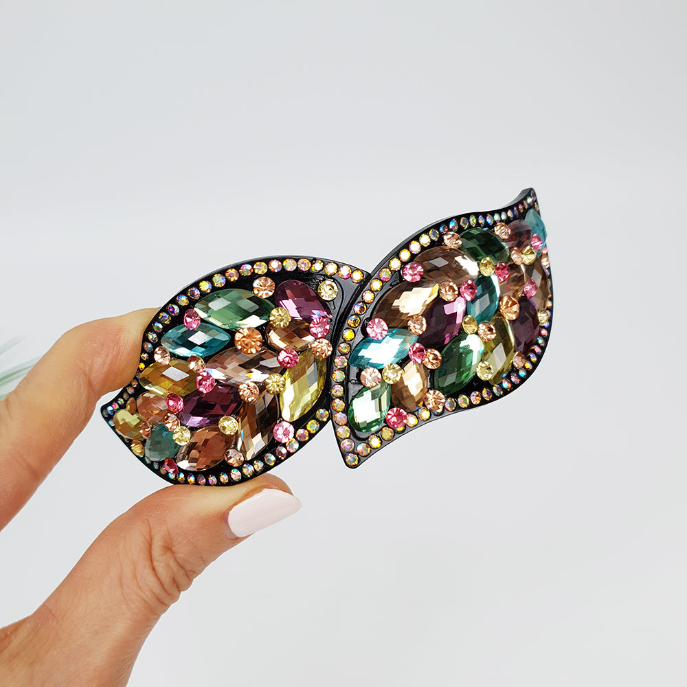 Crystal Leaf Long Hair Barrette 4.3 in – Cubic, Automatic, French Pin
