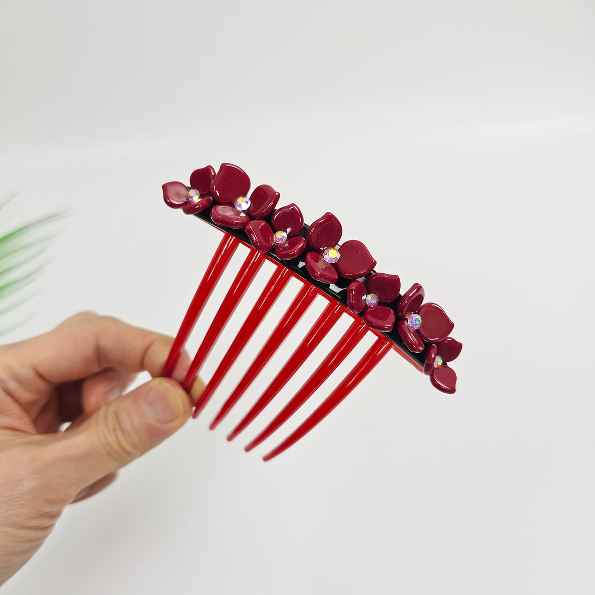 Rose Bloom Long Leg Hair Comb Pin 4.3 in – 6 Pastel Red