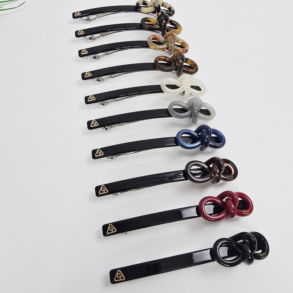 Knot Bow Long Hair Barrette 4.3 in – Tortoise Shell, Solid, French Pin