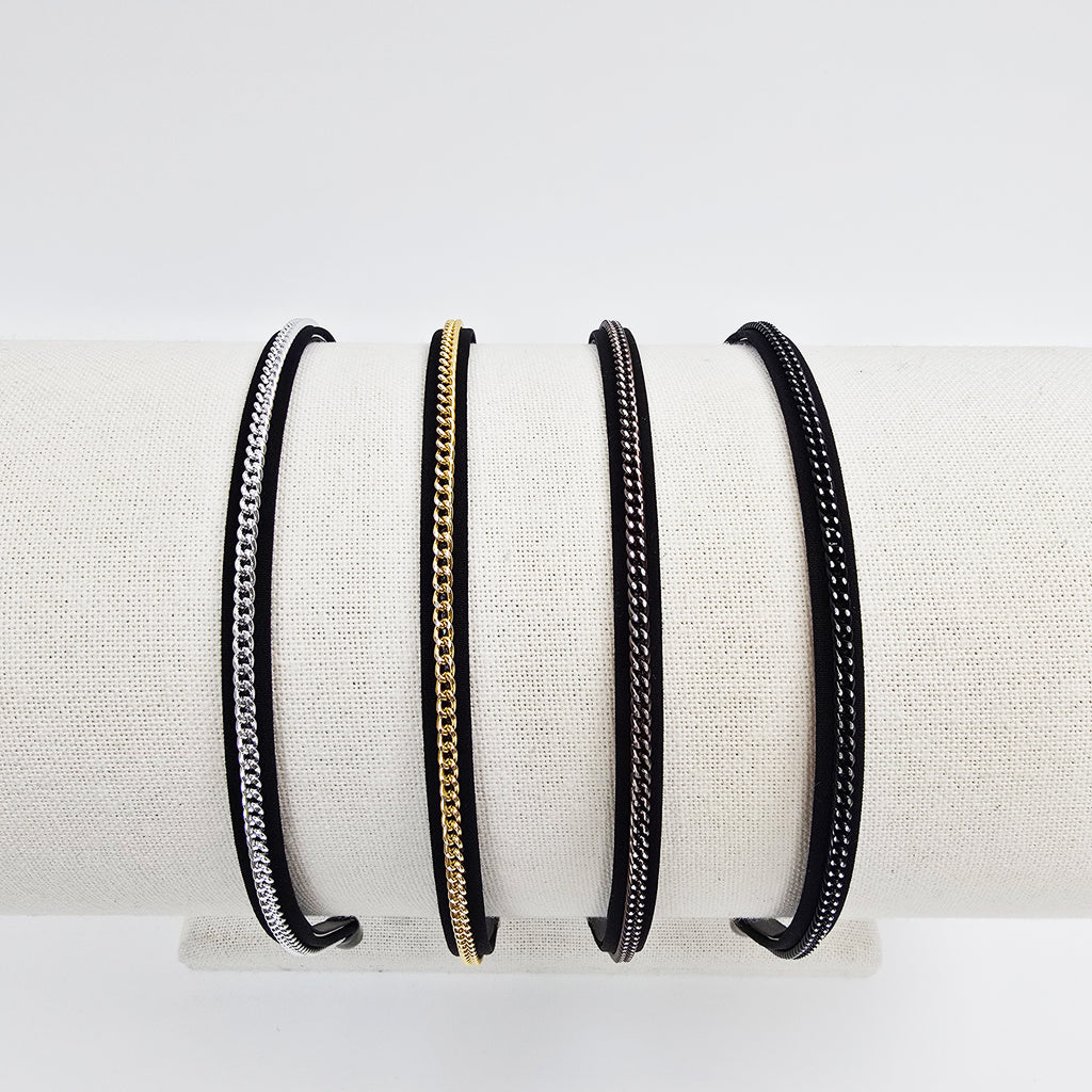 Slim Chain Thin Headband 0.3 in wide – Metal Chain on Black, French-style