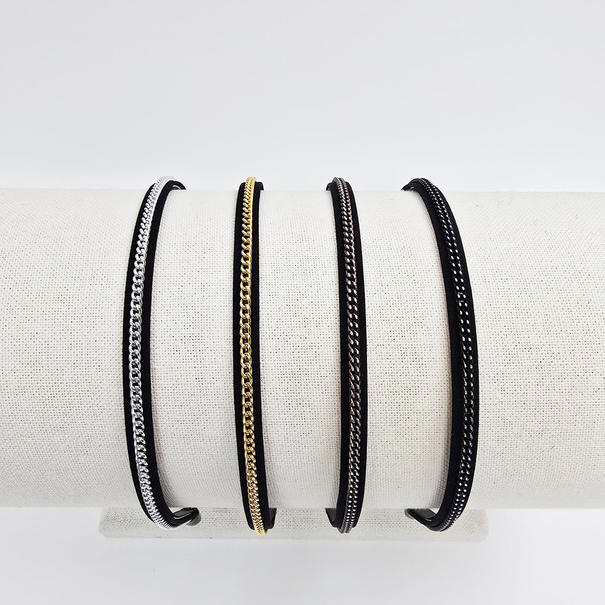 Slim Chain Thin Headband 0.3 in wide – Metal Chain on Black, French-style