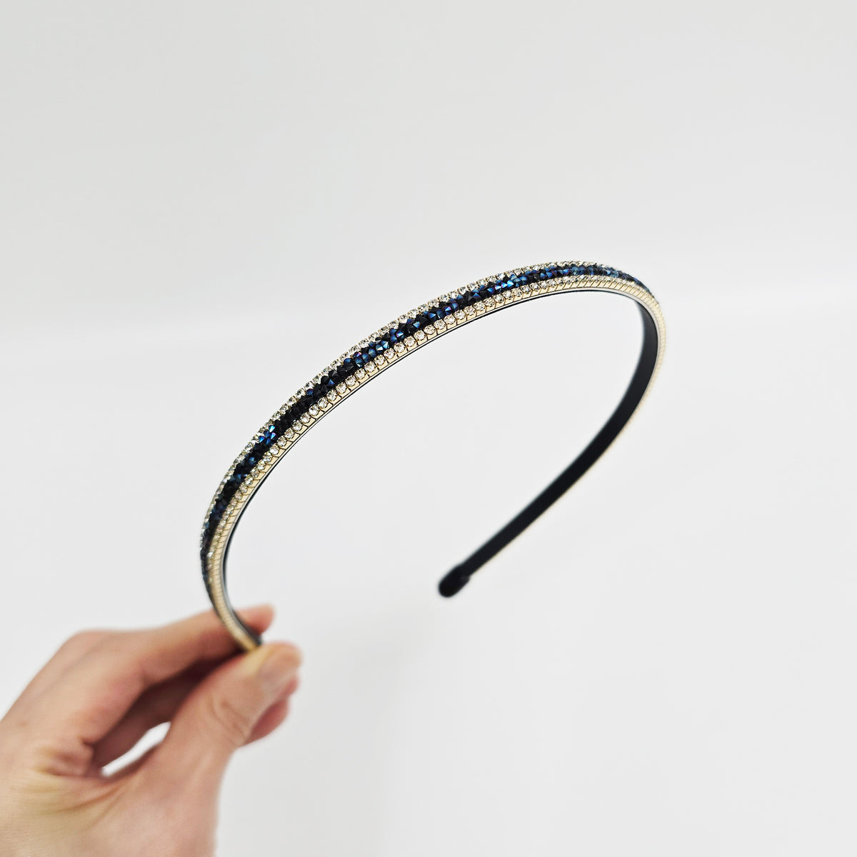 Double Line Crystal Thin Headband 0.3 in wide – 3 Blue Crystal