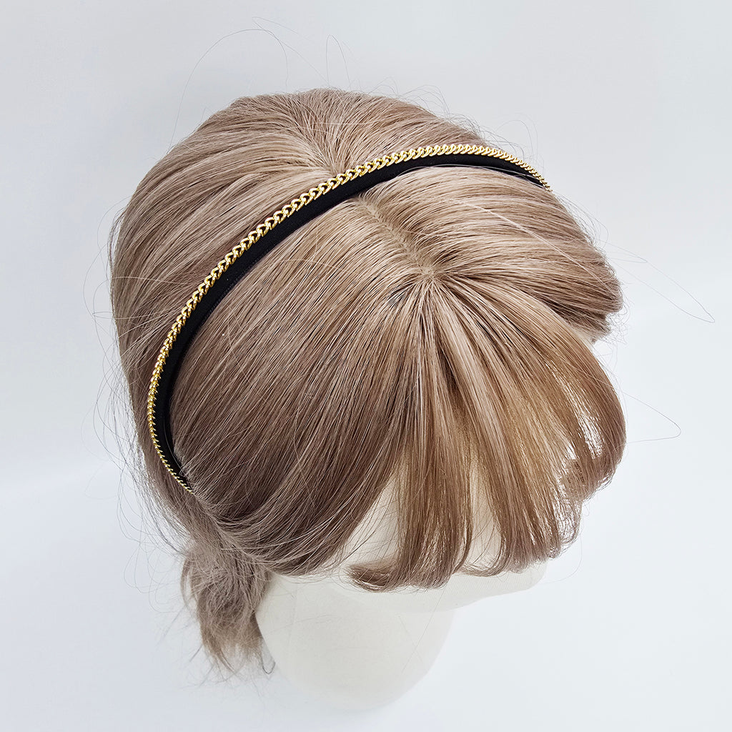 Slim Chain Thin Headband 0.3 in wide – Metal Chain on Black, French-style