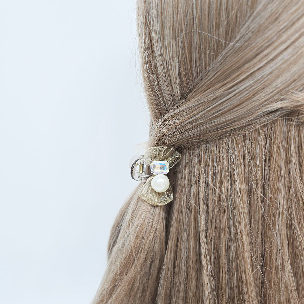 Organza Bow Mini Hair Claw Clip 1.8 in – Pearl, Cubic, Sheer, French-style
