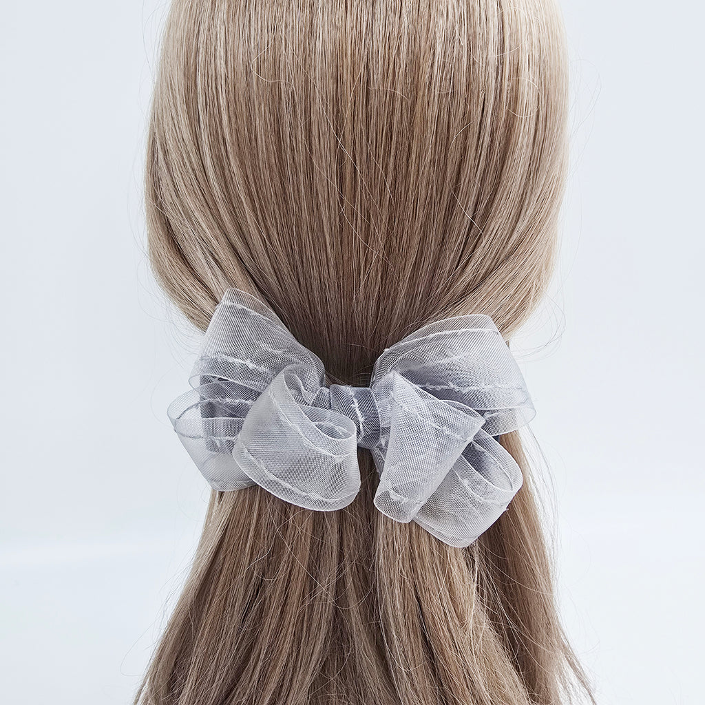 Stitched Organza Big Bow Hair Barrette 5.5 in – Satin, Sheer, French Pin