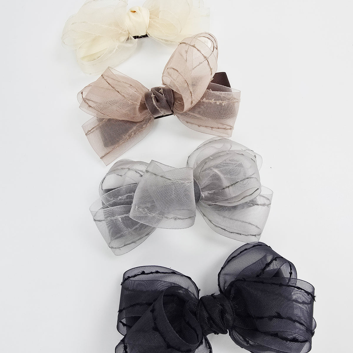 Stitched Organza Big Bow Hair Barrette 5.5 in – Satin, Sheer, French Pin