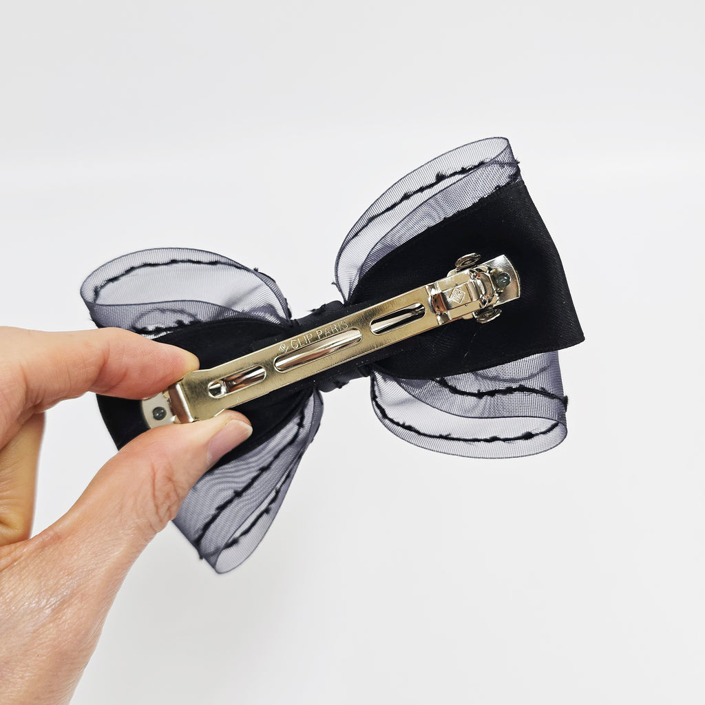 Stitched Organza Big Bow Hair Barrette 5.5 in – Satin, Sheer, French Pin