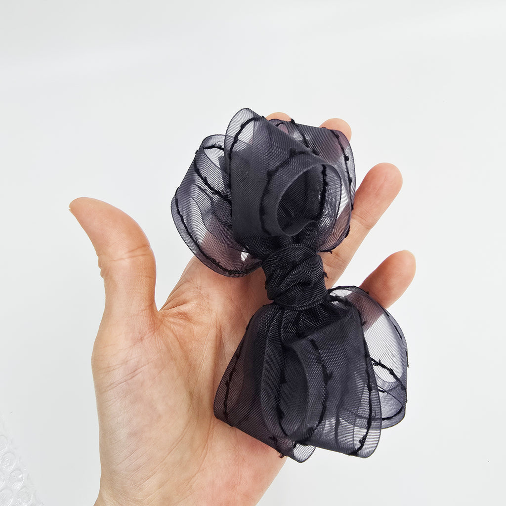 Stitched Organza Big Bow Hair Barrette 5.5 in – Satin, Sheer, French Pin