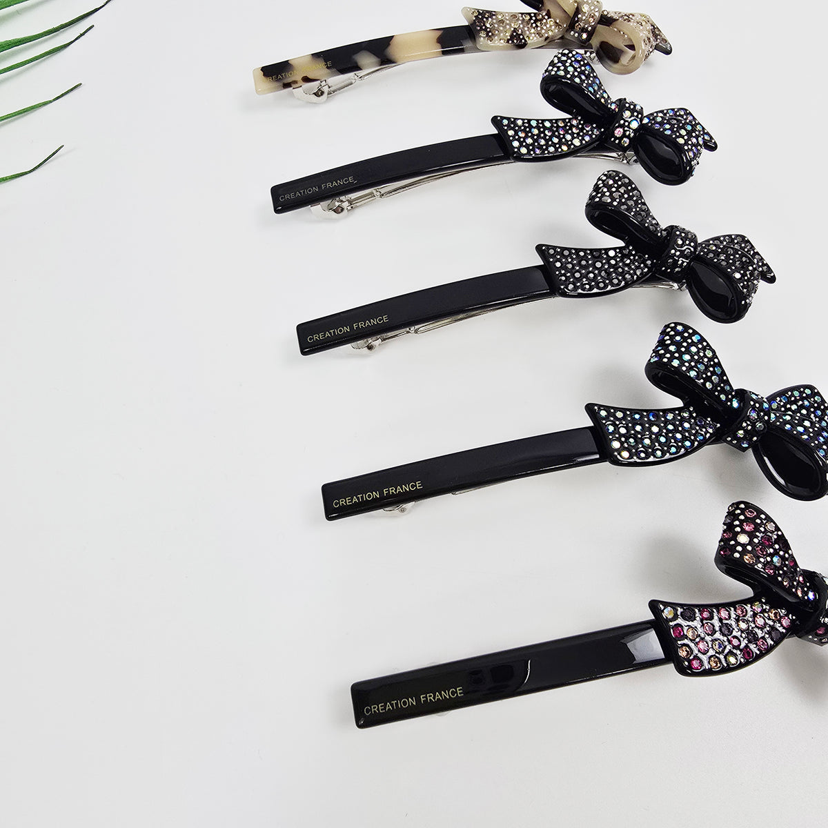 Double Bow Cubic Hair Barrette 4.3 in – Tortoise Shell & Aurora, French Pin