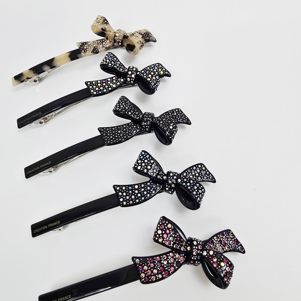 Double Bow Cubic Hair Barrette 4.3 in – Tortoise Shell & Aurora, French Pin
