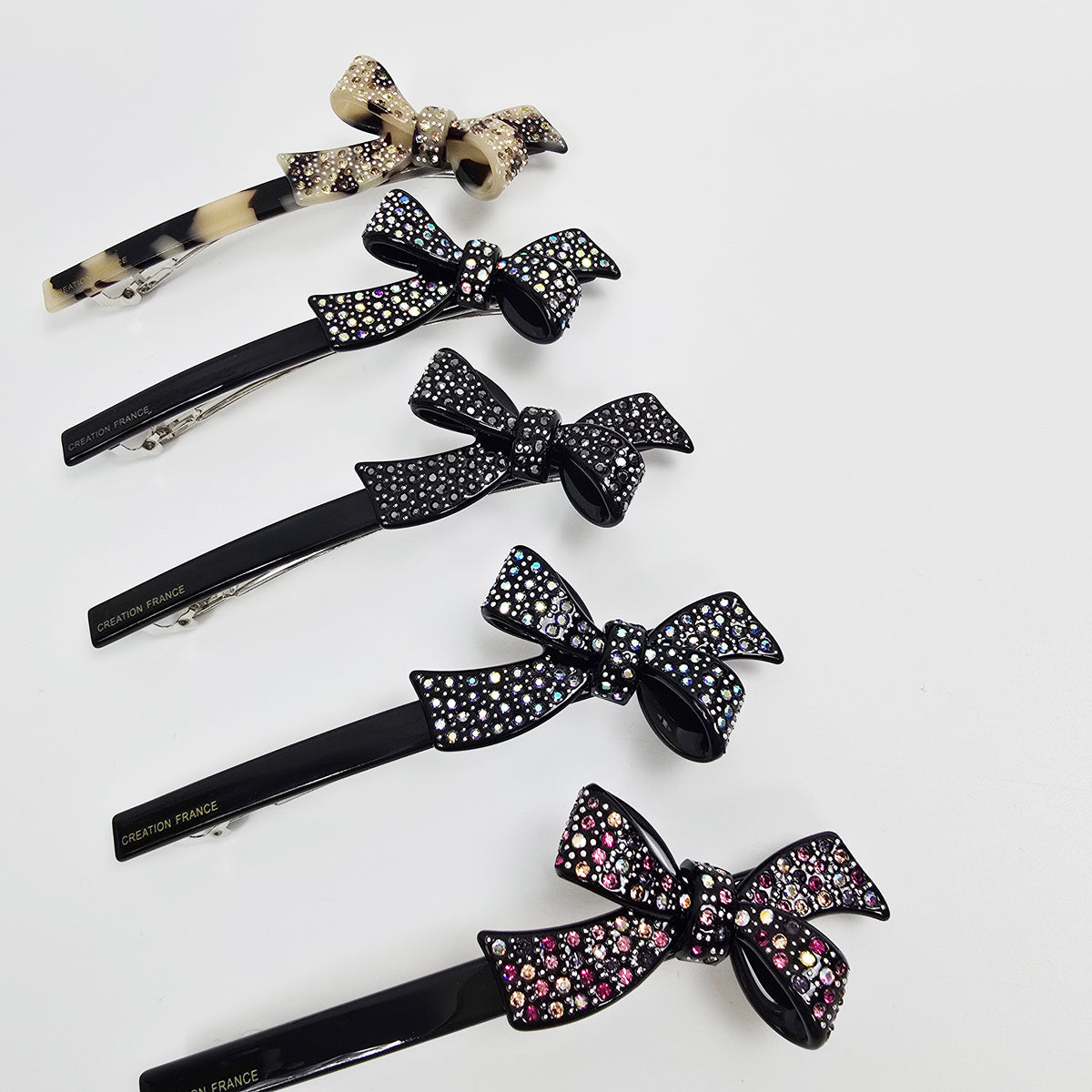 Double Bow Cubic Hair Barrette 4.3 in – Tortoise Shell & Aurora, French Pin