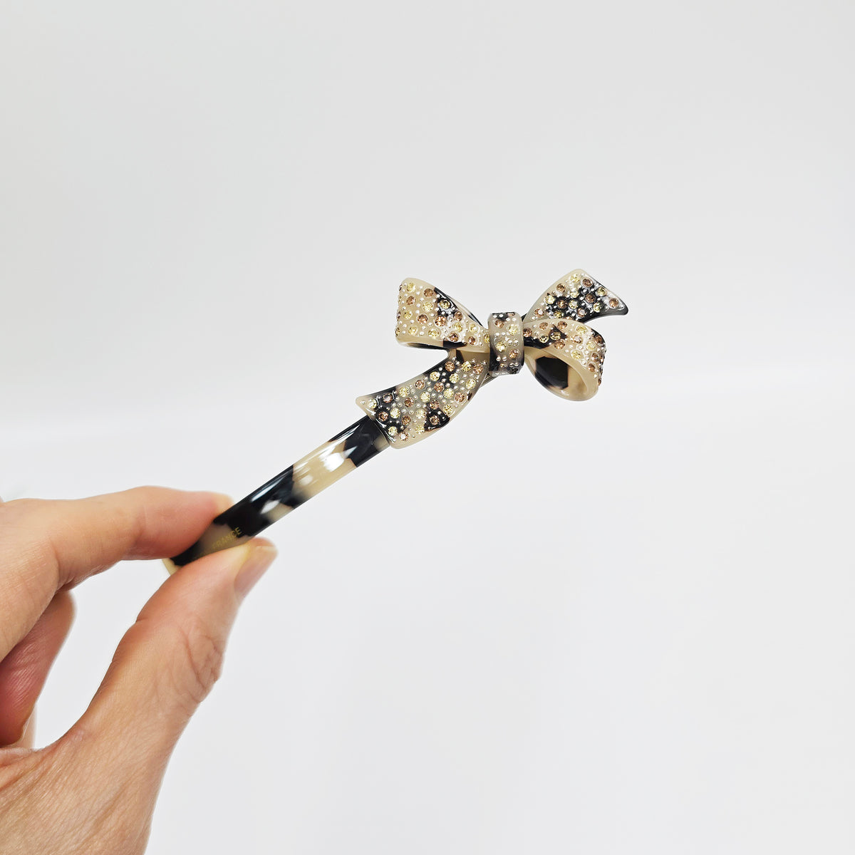 Double Bow Cubic Hair Barrette 4.3 in – Tortoise Shell & Aurora, French Pin