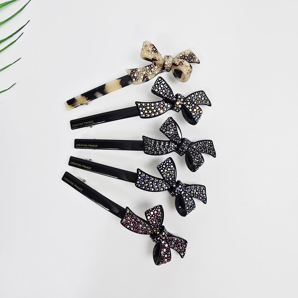 Double Bow Cubic Hair Barrette 4.3 in – Tortoise Shell & Aurora, French Pin
