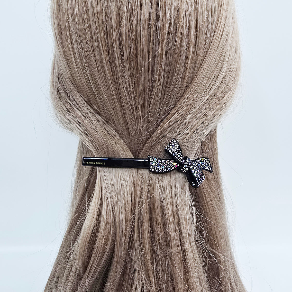 Double Bow Cubic Hair Barrette 4.3 in – Tortoise Shell & Aurora, French Pin