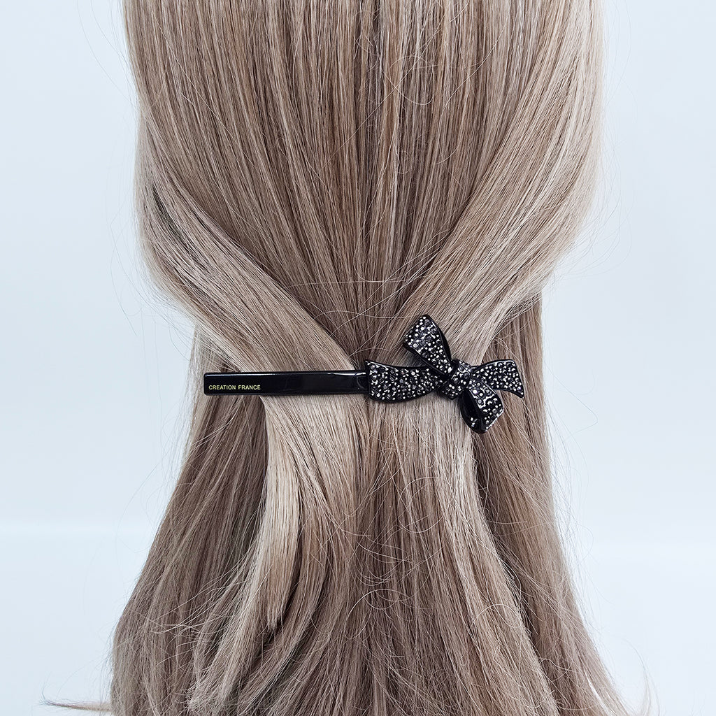 Double Bow Cubic Hair Barrette 4.3 in – Tortoise Shell & Aurora, French Pin