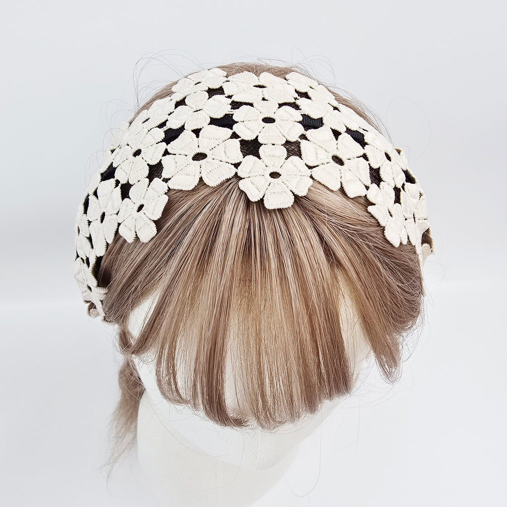 Dahlia Lace Wide Headband 3.1 in wide – 3D Floral Embroidery, French-style