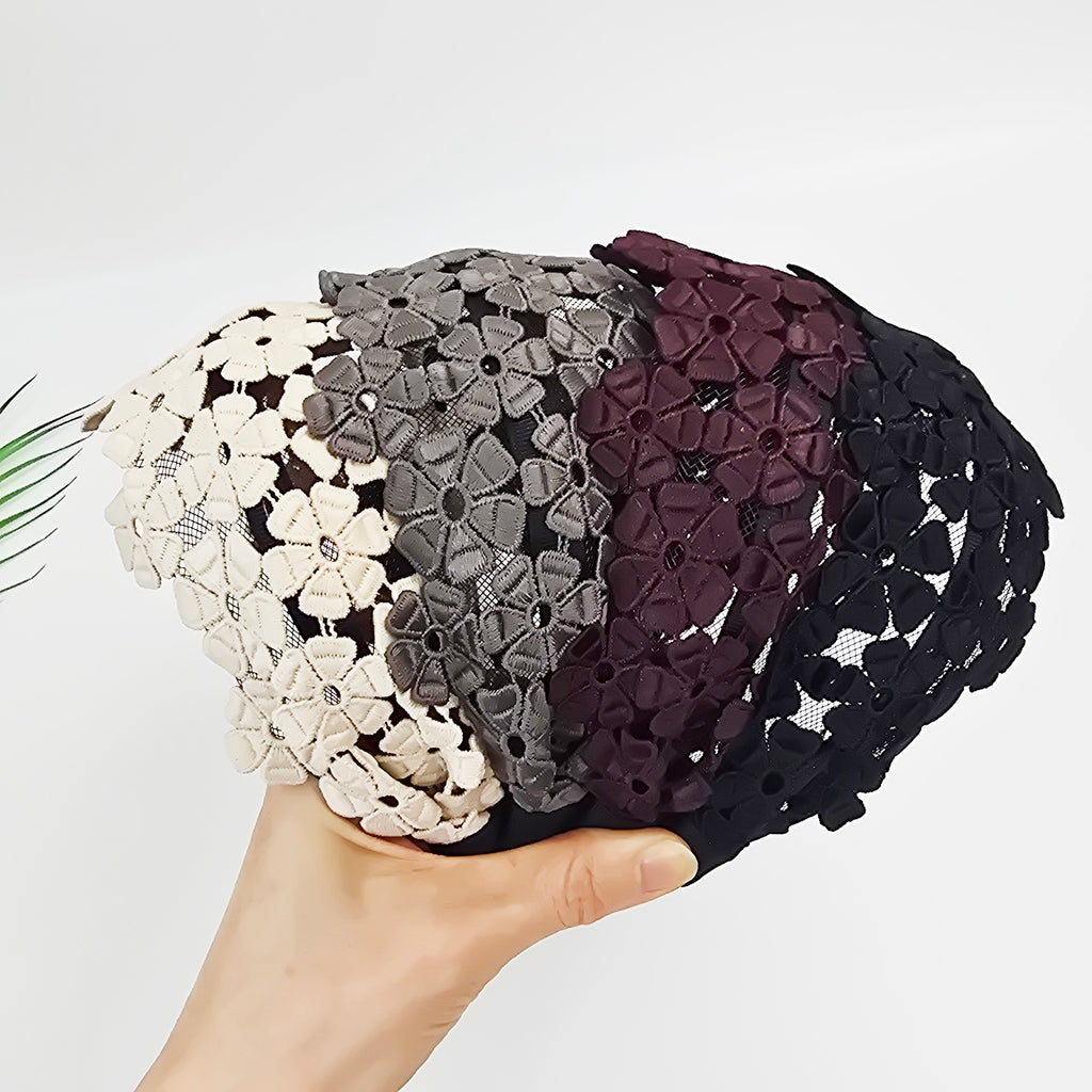 Dahlia Lace Wide Headband 3.1 in wide – 3D Floral Embroidery, French-style