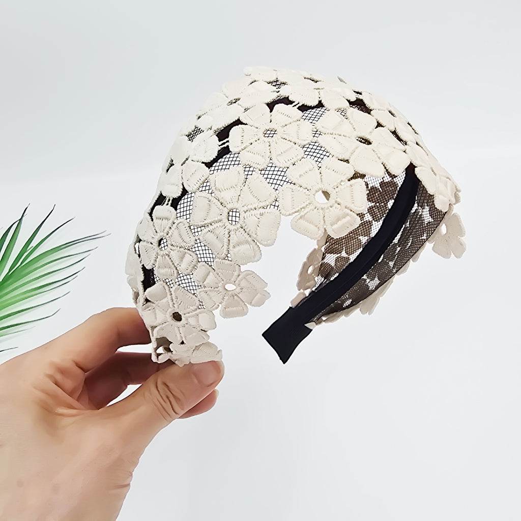 Dahlia Lace Wide Headband 3.1 in wide – 3D Floral Embroidery, French-style
