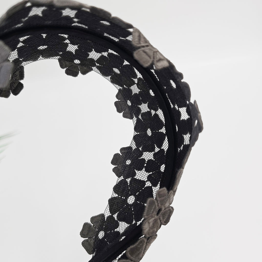 Dahlia Lace Wide Headband 3.1 in wide – 3D Floral Embroidery, French-style