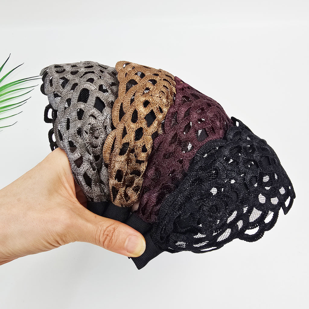Shine Lace Wide Headband 3.3 in wide – Embroidered Scallop, French-style