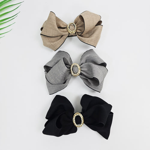 Arte Jewel Big Bow Hair Barrette 5.1 in – Fabric, Gold Cubic, French Pin