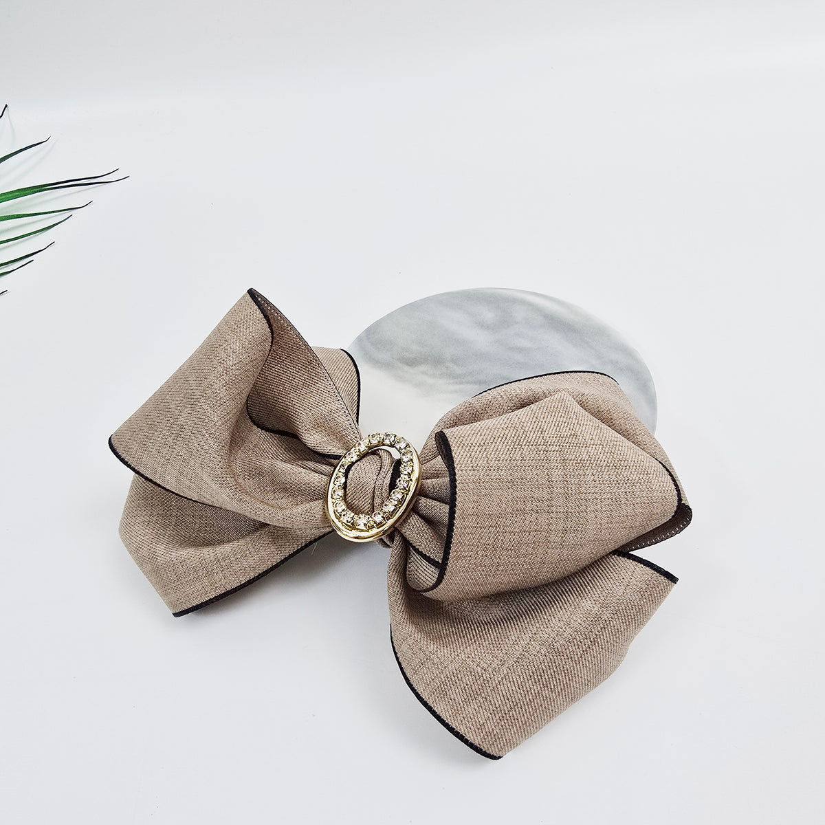Arte Jewel Big Bow Hair Barrette 5.1 in – Fabric, Gold Cubic, French Pin