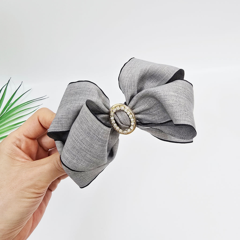 Arte Jewel Big Bow Hair Barrette 5.1 in – Fabric, Gold Cubic, French Pin