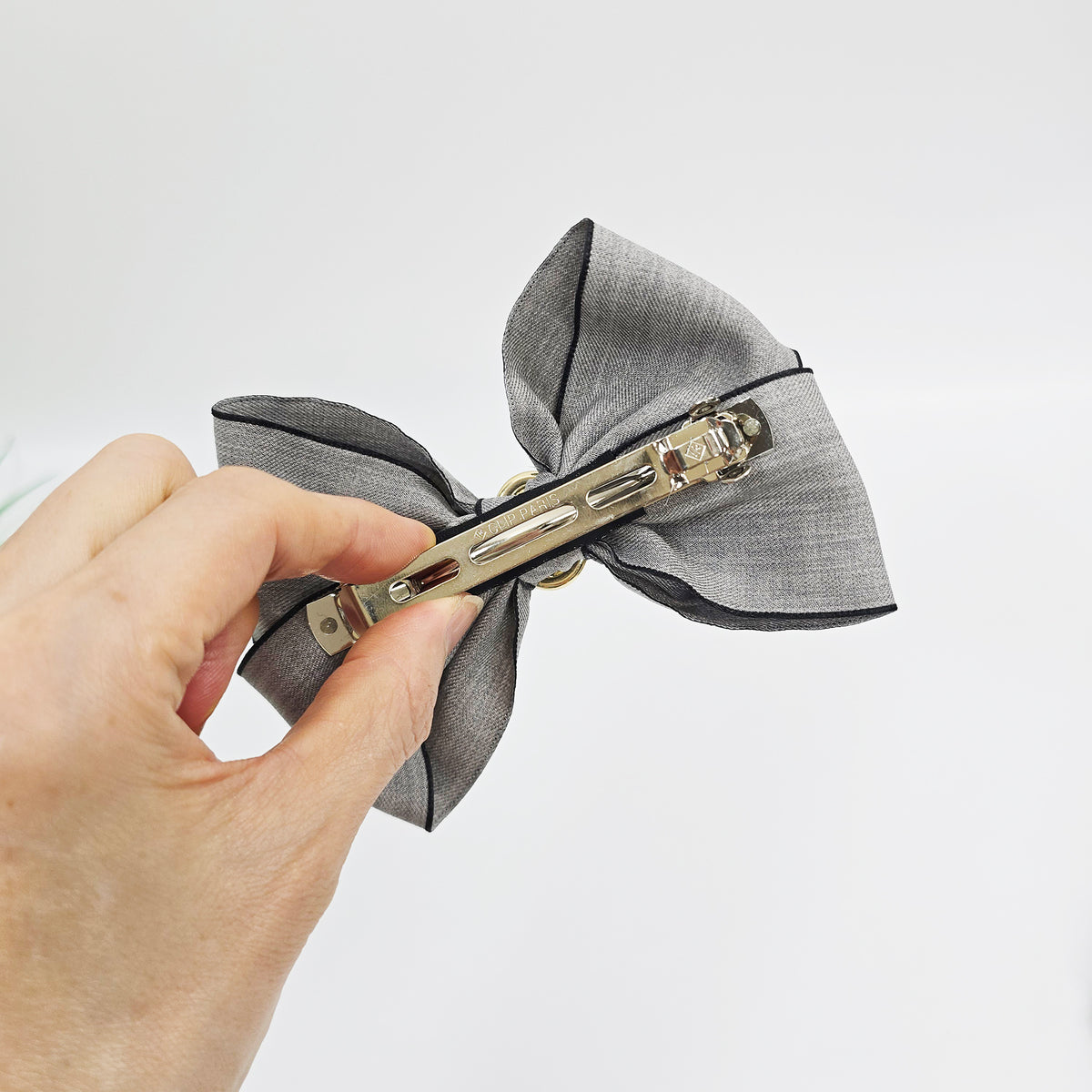 Arte Jewel Big Bow Hair Barrette 5.1 in – Fabric, Gold Cubic, French Pin