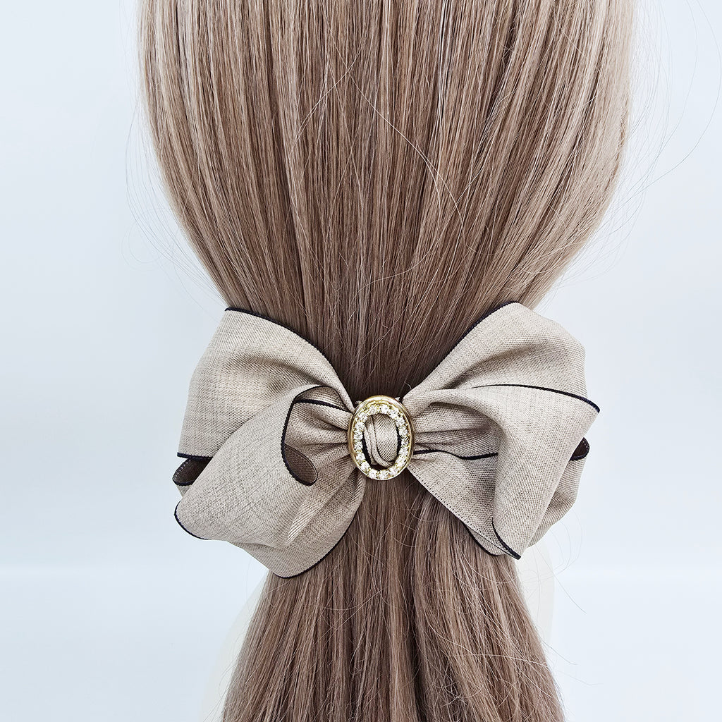 Arte Jewel Big Bow Hair Barrette 5.1 in – Fabric, Gold Cubic, French Pin