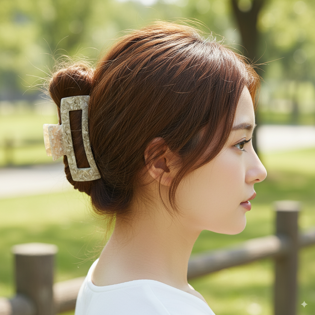 Long Square Large Hair Claw Clip – worn, side view