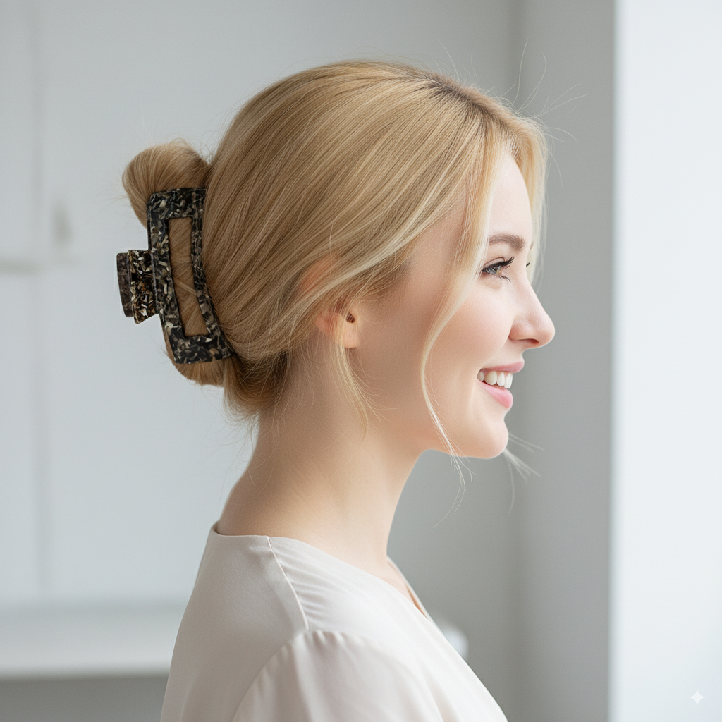 Long Square Large Hair Claw Clip – worn, back view
