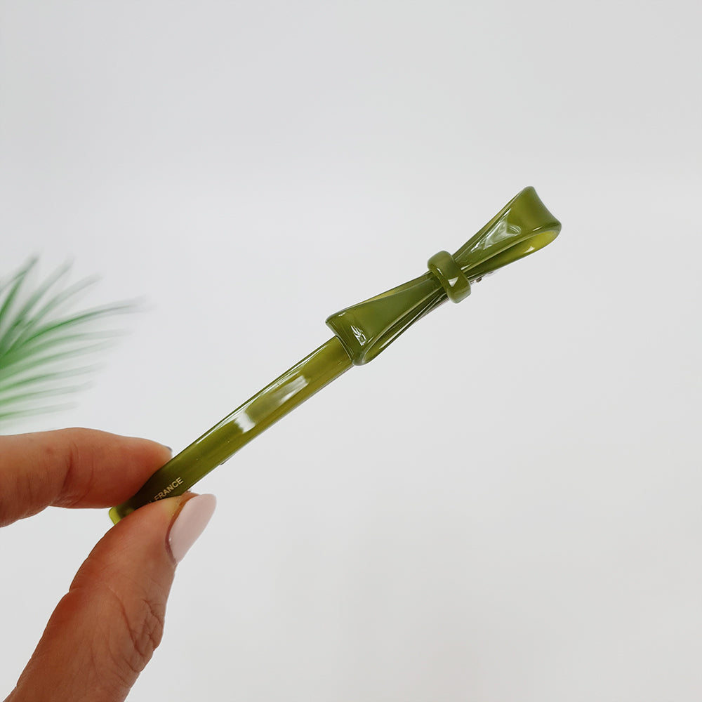 Side Ribbon Long Hair Barrette 4.3 in – 17 Pure Olive Green