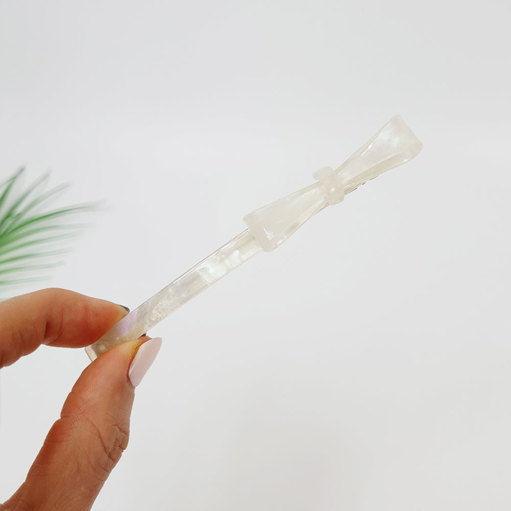 Side Ribbon Long Hair Barrette 4.3 in – 4 Aurora White