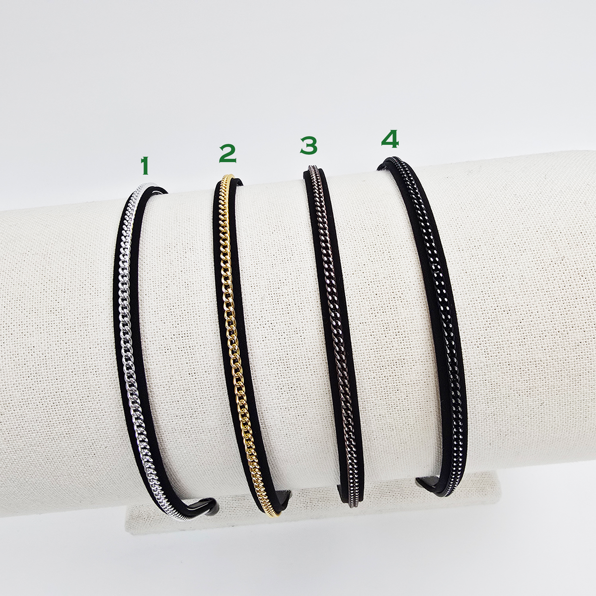 Slim Chain Thin Headband 0.3 in wide – Metal Chain on Black, French-style