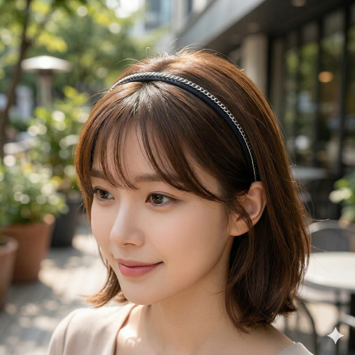 Slim Chain Thin Headband 0.3 in wide – Metal Chain on Black, French-style