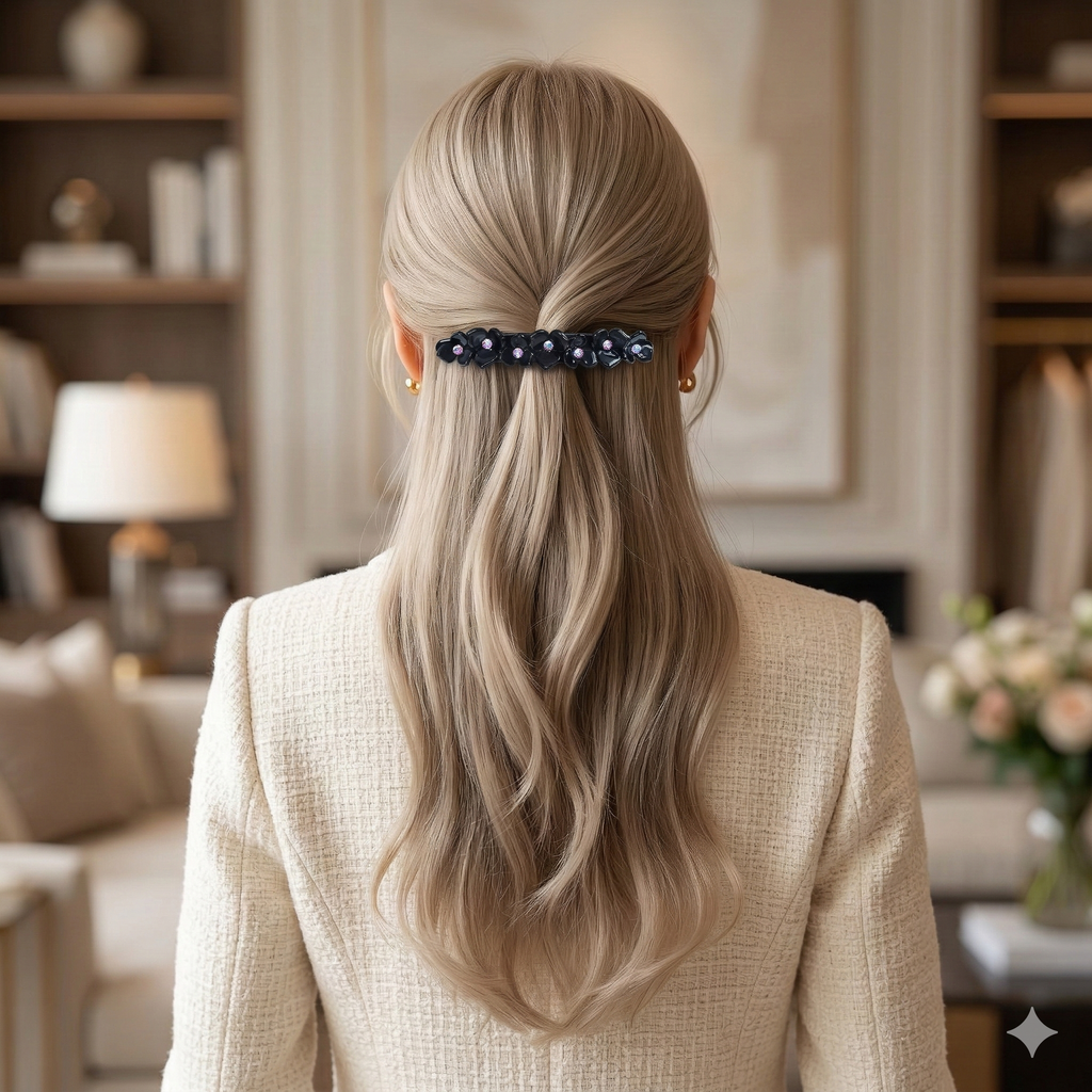 Cubic Flower Long Hair Barrette 4.3 in – Solid & Pastel, French Pin
