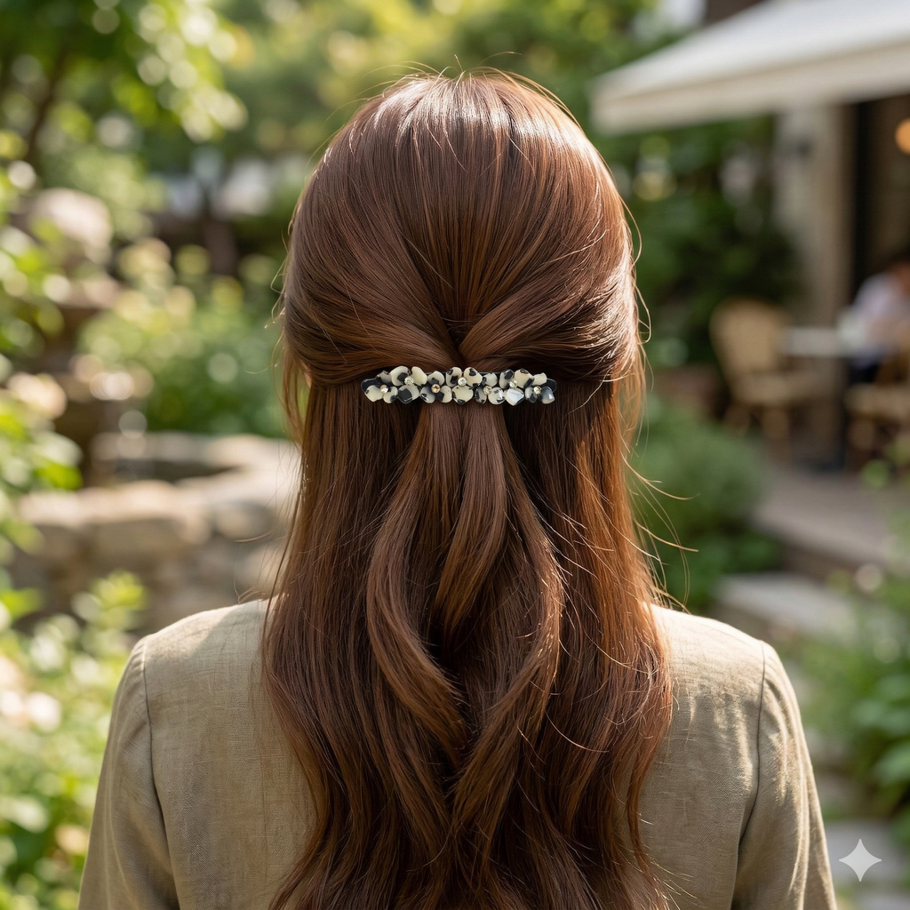 Cubic Flower Long Hair Barrette 4.3 in – Solid & Pastel, French Pin