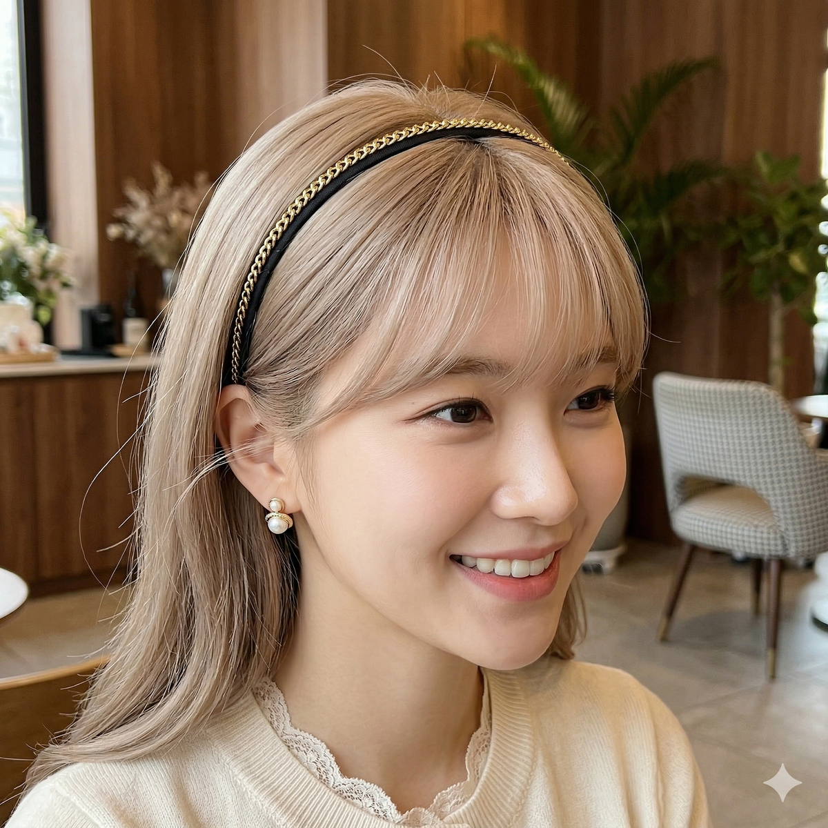 Slim Chain Thin Headband 0.3 in wide – Metal Chain on Black, French-style