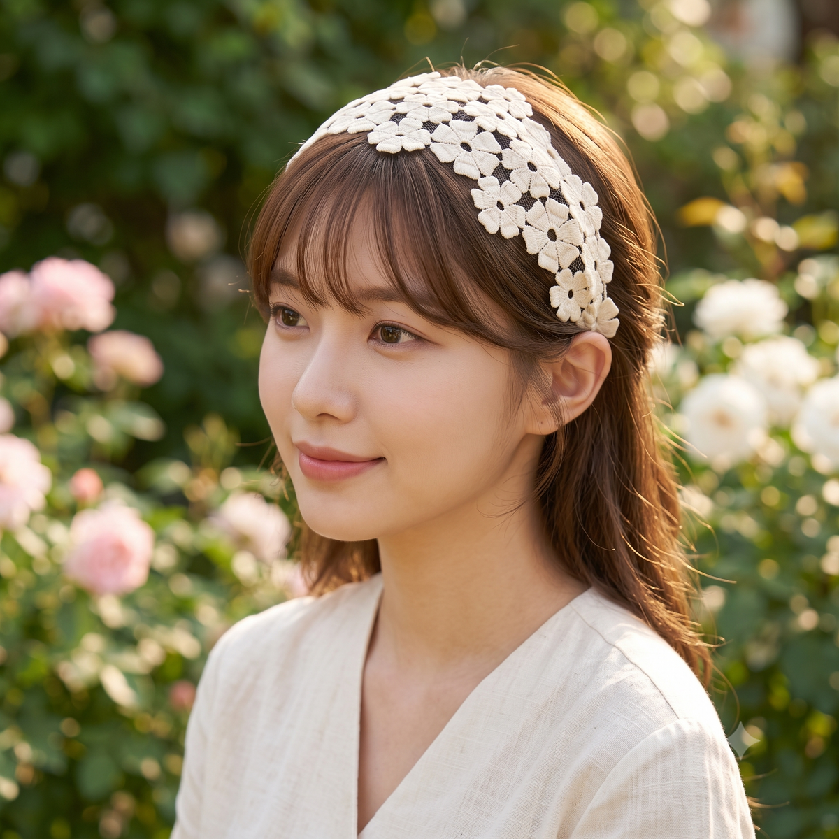 Dahlia Lace Wide Headband 3.1 in wide – 3D Floral Embroidery, French-style