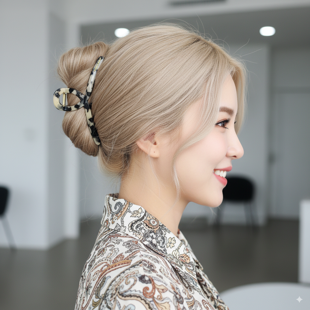 Slender twist claw clip worn in a low updo – tortoise shell