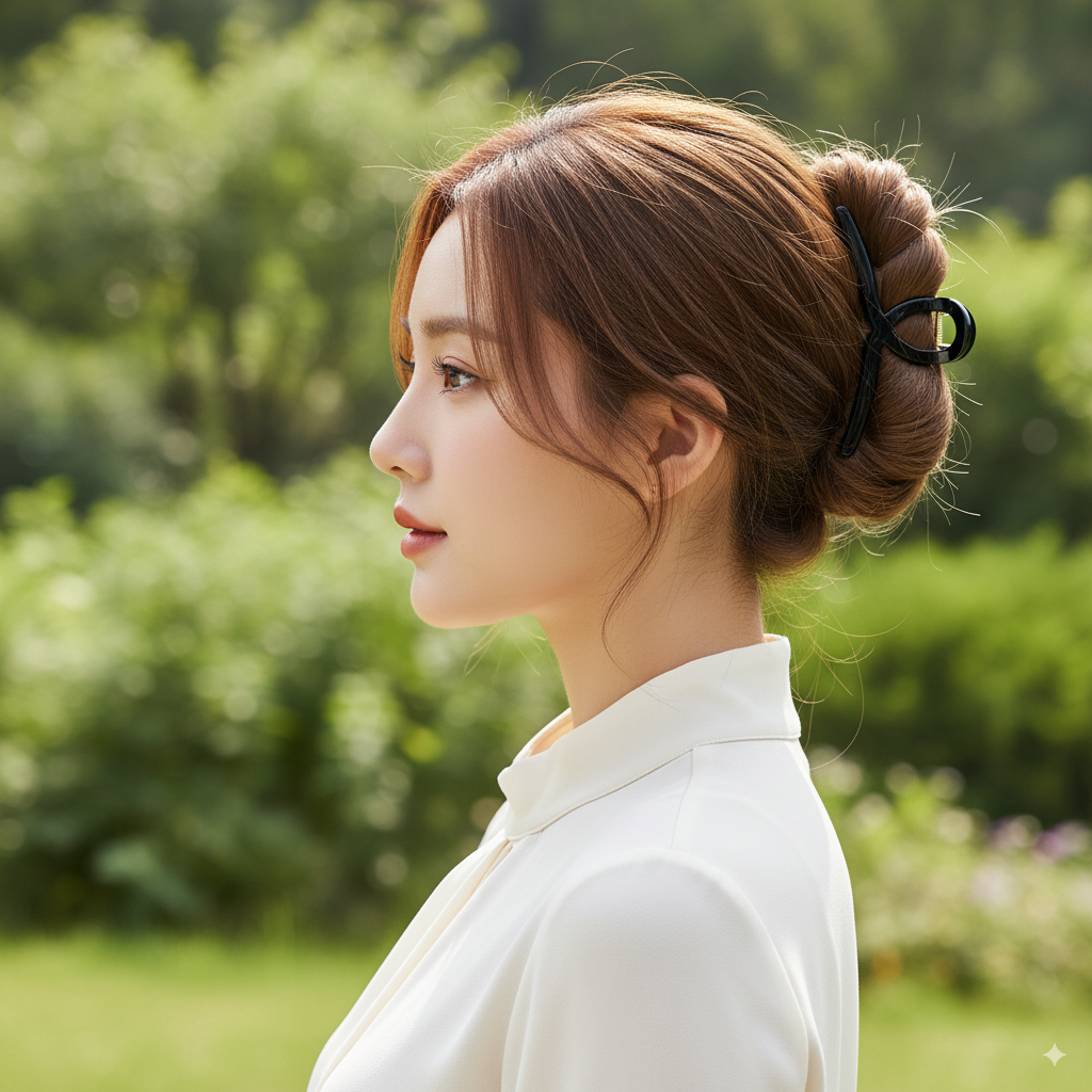 Slender twist claw clip worn in a twisted updo – side view