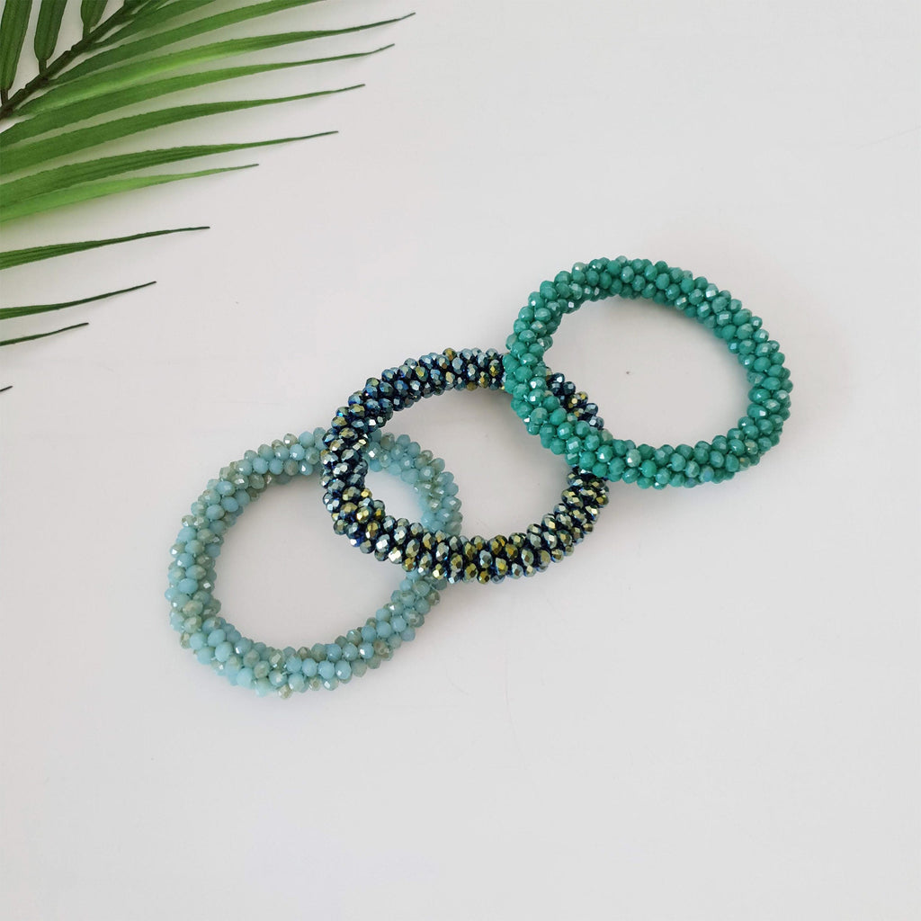 Sparkling glass bead hair tie bracelet in silver blue and brown. 2.5 inch elastic ponytail holder. Cute boho Korean fashion accessory for women birthday gift.