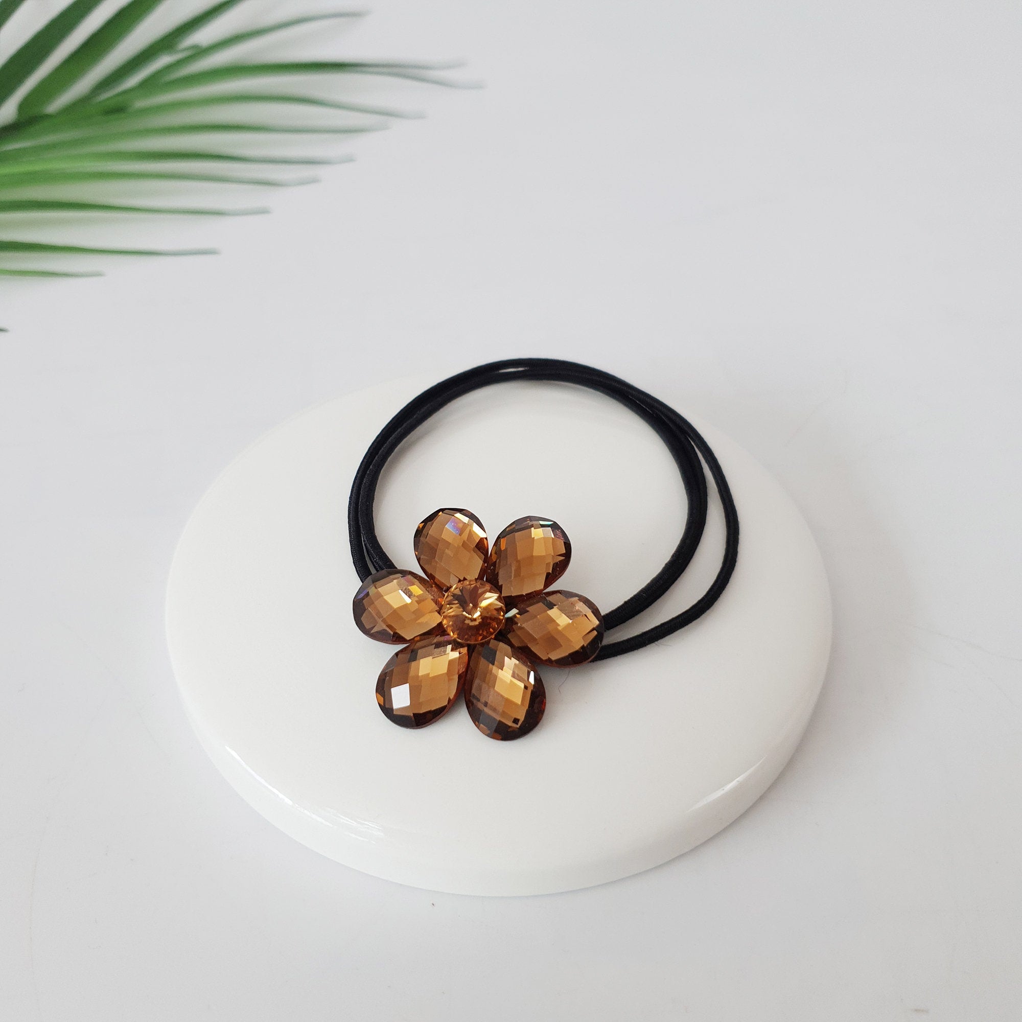 Swarovski Point Glass Flower Hair Tie / Three Line Ponytail Holder / Hair Accessory for Woman